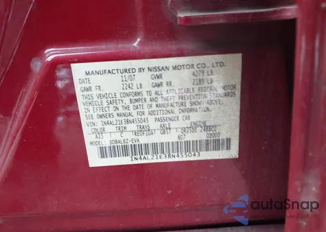 2008 Nissan Altima 2.5 S z USA, uszkodzony, nr VIN 1N4AL21E38N455043